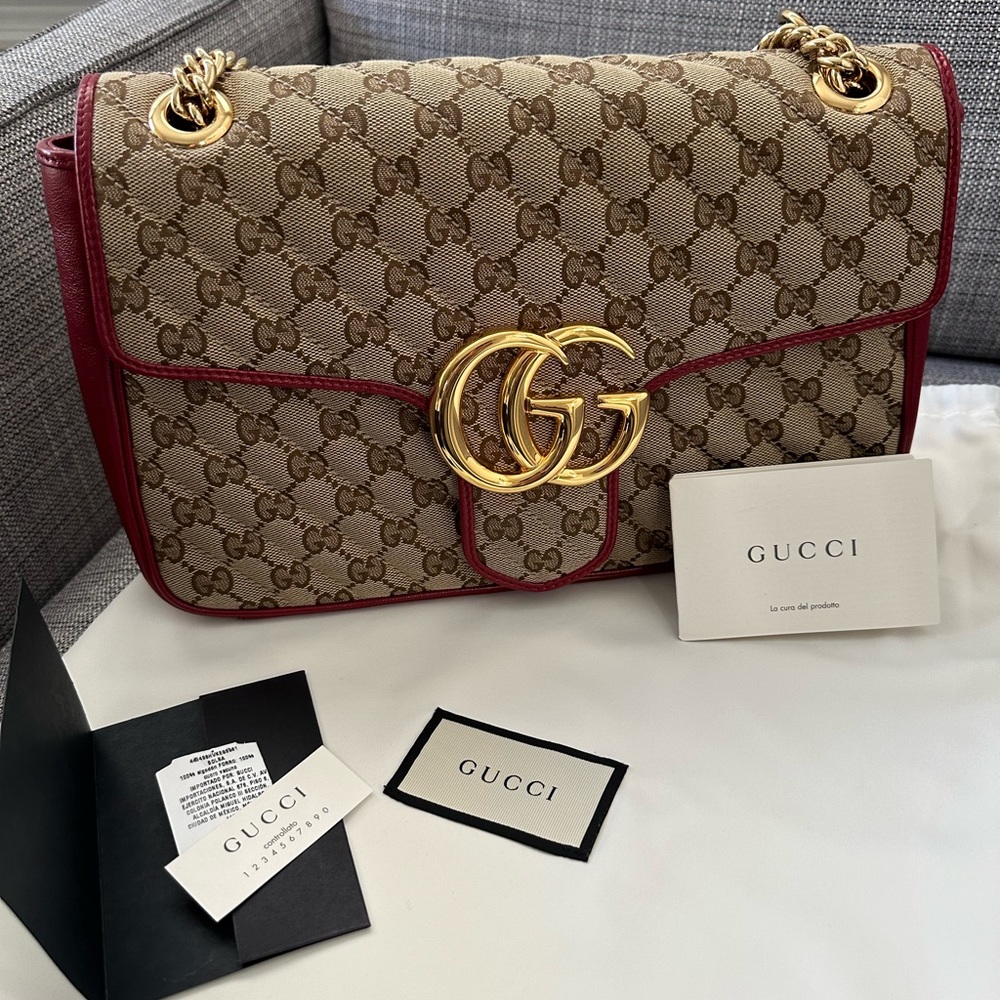 GUCCI Marmont 2 Medium Matelasse  Canvas Shoulder Bag Cherry Red EXCELLENT